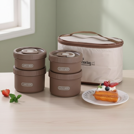 4 Piece Stainless Steel Brown Lunch Box With Foil Bag